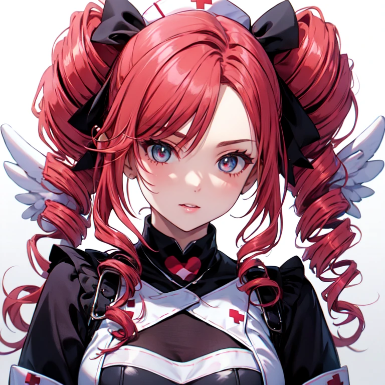 Cute Girls　Gothic Nurse Clothing　Red hair　Drill Hair　真front　Angel&#39;s wing　Devil&#39;s Tail　tooth　Background white　Upper Body　　One person　front　Big Tits　smile　garter belt　Patsunpatsun　Sweat　Embarrassed　邪悪なsmile、((Grin))