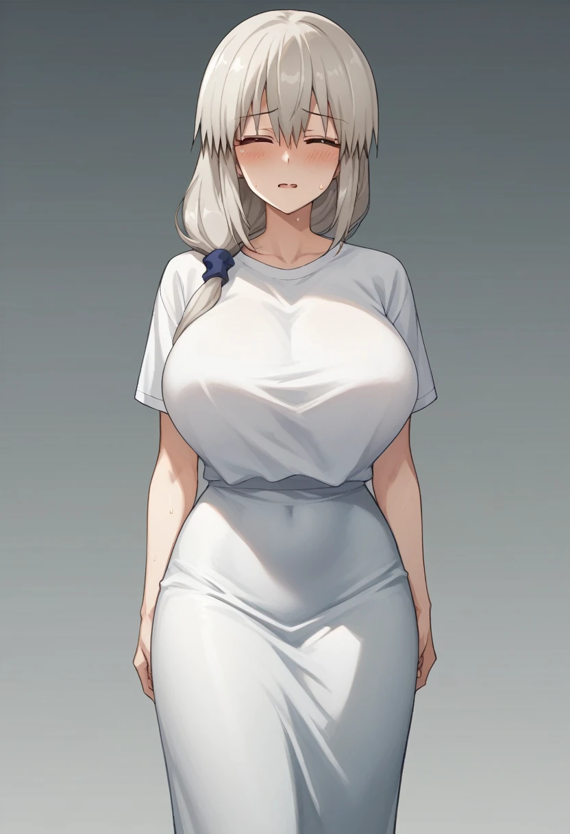 Huge breasts、blush、Sweat、In the heat、Long white hair、Braiding、uzaki_fortune、
{Highest quality}, {so beautiful}, {Very detailed}, {Best illustrations},Life、Sleeveless white T-shirt(tight)、Black long skirt、Are standing、