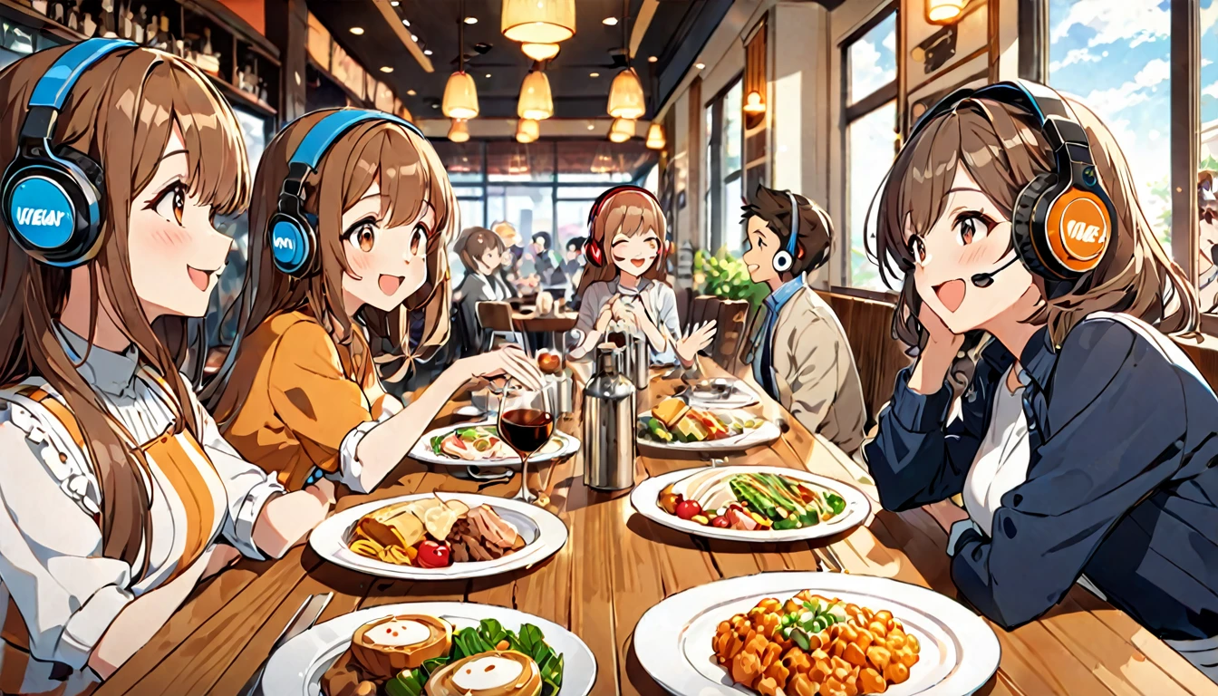 (Brown-haired girl wearing headphones), (Lunch with friends at a restaurant), (Very detailed, masterpiece, Highest quality, bright), (Anime Style)
background: Stylish restaurant look: Smiling costume having fun talking with friends: Cute casual dress pose: Sitting around the table、Scene of talking while moving hands: A fun lunch filled with laughter
