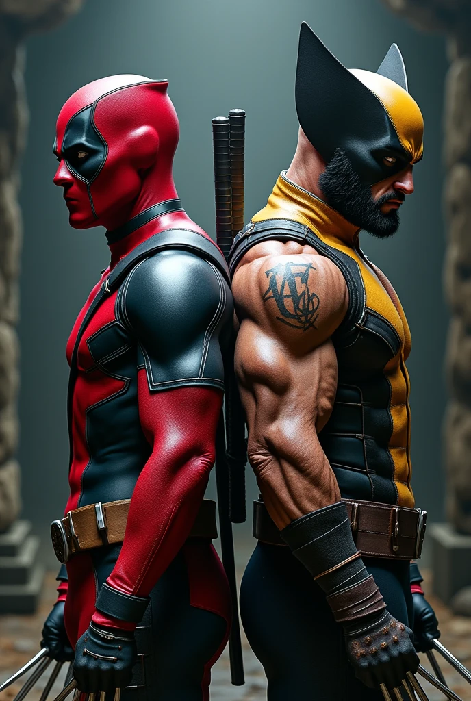 Gojo and Geto are back to back, with Deadpool and Wolverine costumes, ready for battle