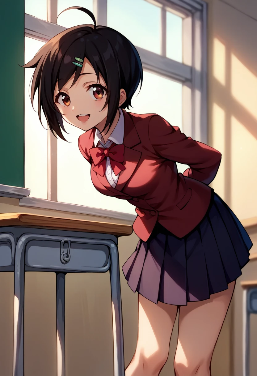 score_9, score_8_up, score_7_up, 1girl, solo, sakuTomo, black hair, short hair, ahoge,hairchip, maroon blazer, red bowtie, pleated skirt, happy, standing, hands behind back, leaning forward, looking at you, classroom