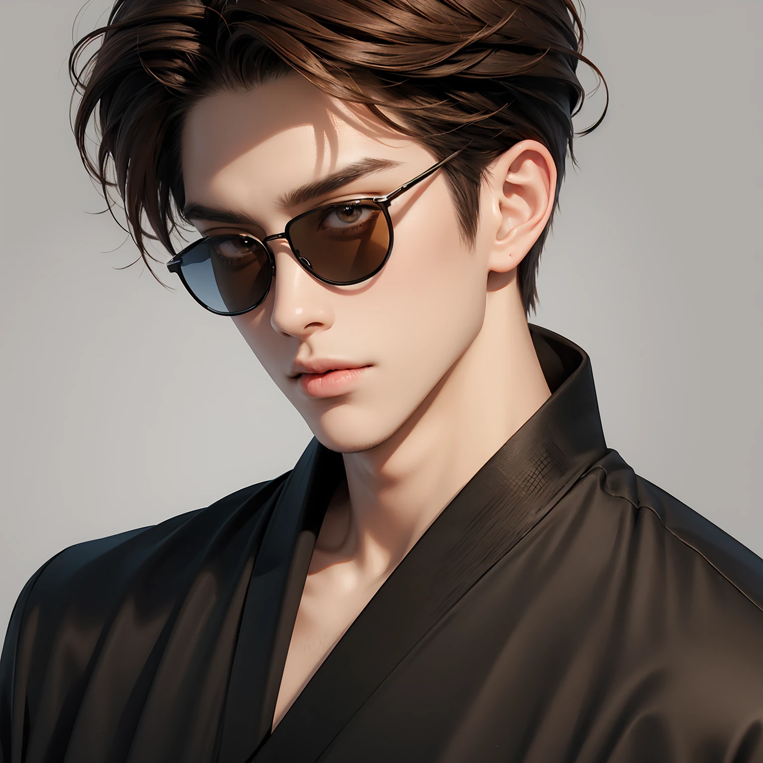 One man　Japanese men　No background　Fashionable clothes　Detailed face and skin　An illustration　Eye-catching sunglasses　Brown Hair
