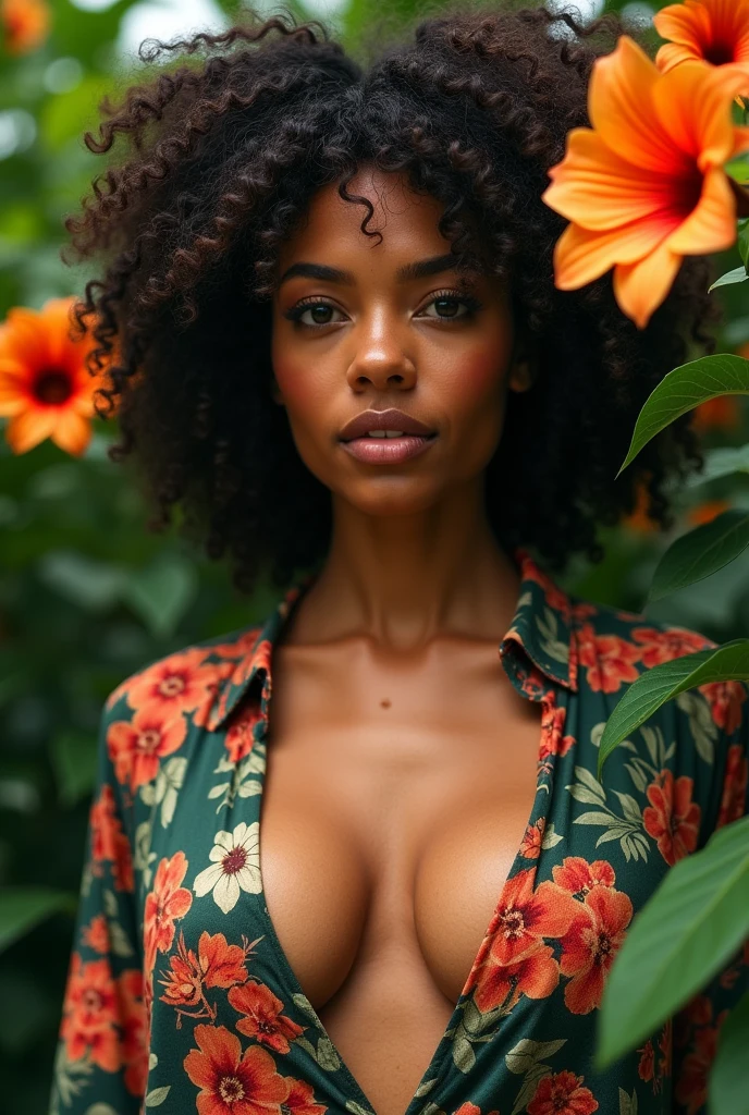 A Brazilian woman in a lush tropical garden, wearing an open shirt with a floral print, with a close-up capturing the harmonious beauty between her breasts and the natural flowers, showing off your natural charm and outgoing personality.