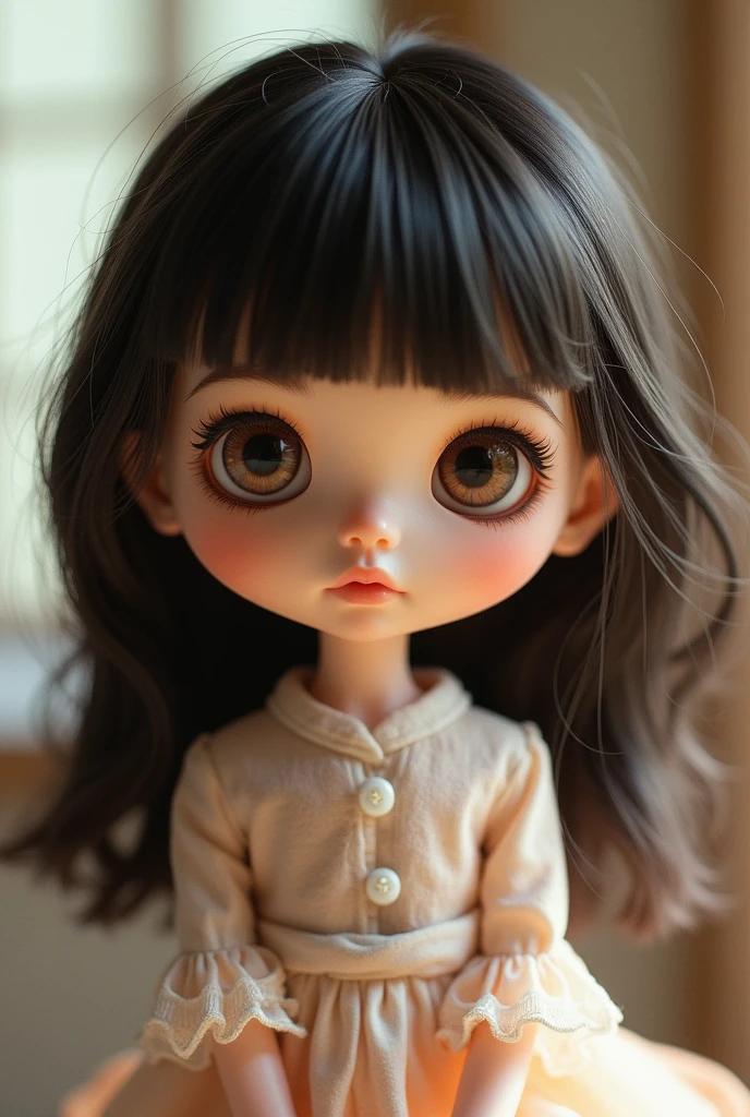 Blythe doll with shoulder-length dark hair and bangs, brunette , cachetóna, chinese eyes 