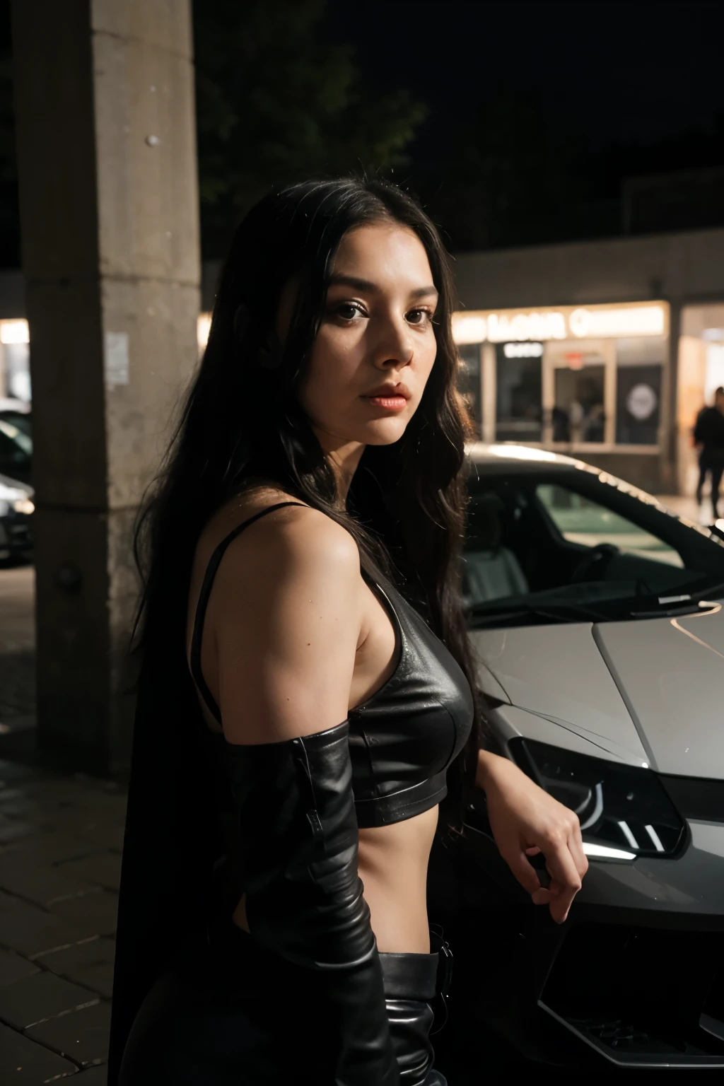 Create 25-year-old cute white girl with long black hair getting out black lamborghini aventor at night at Germany