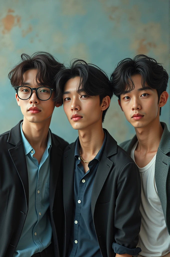 Create an image of three men with the face of BTS's Jeon Jungkook, one wearing glasses with casual clothes, the second one stylish and the other with elegant but casual clothes.