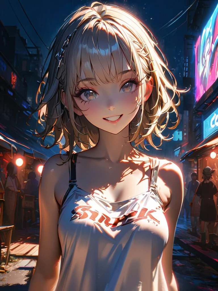 1 girl, chromatic aberration, Written boundary depth, Soft Light, masterpiece, Highest quality, complicated, Tone Mapping, A place where fireworks are set off at festivals. Concept Art, Smooth, Clear focus, Dramatic lighting, Very cinematic, super practical painting, アートステーション's trending, 8k, Incredible Shadows, practical,  whole body, View, Viewers, Portrait of a Girl 1, standing on street corner, Heavy rain and lightning、Dark Sky, neon and cyber punk background, she is dressed in punk clothing with silver chains and silver spikes, Her hair was dyed light brown..............Ominous aura of light, smile, punk, ciber punk, Backlight.Fashionable clothes、Friendly dress code: Wearing a white camisole and a shirt.My breasts are a little big