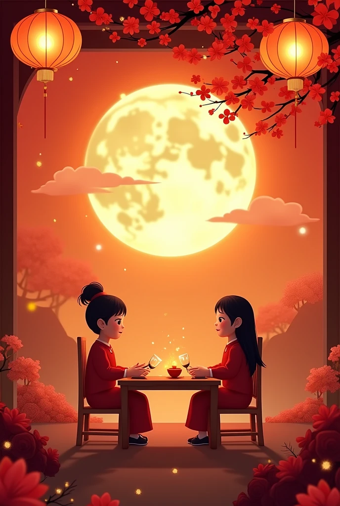Traditional Chinese cultural elements are full of vitality。Subscribe to、The moon and the square are our star elements，shining moon，best quality，warm colors，Red-orange main color，The delegation was festive、homely atmosphere，The family sits there idle，beautiful lights，A clear full moon，Lanterns，Kongming-Laterne，Paper cut out，Elements with Chinese characteristics such as window flowers，Mid-Autumn Festival、National Day、Family reunion for the Lantern Festival