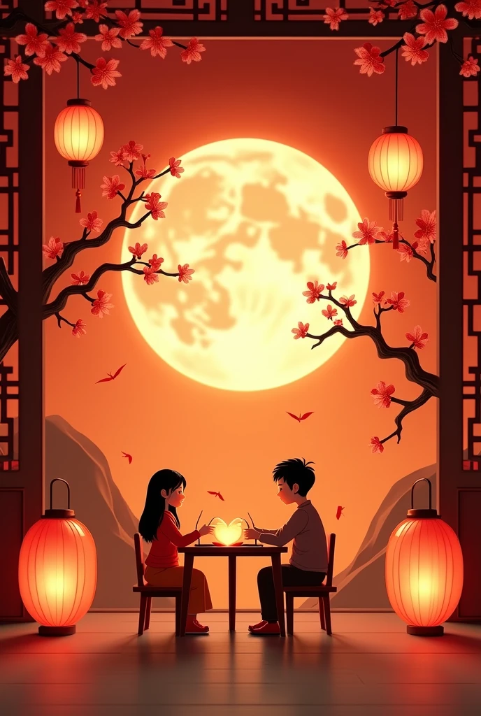 Traditional Chinese cultural elements are full of vitality。Subscribe to、The moon and the square are our star elements,shining moon,best quality,warm colors,Red-orange main color,The delegation was festive、homely atmosphere,The family sits there idle,beautiful lights,A clear full moon,Lanterns,Kongming-Laterne,Paper cut out,Elements with Chinese characteristics such as window flowers,Mid-Autumn Festival、National Day、Family reunion for the Lantern Festival