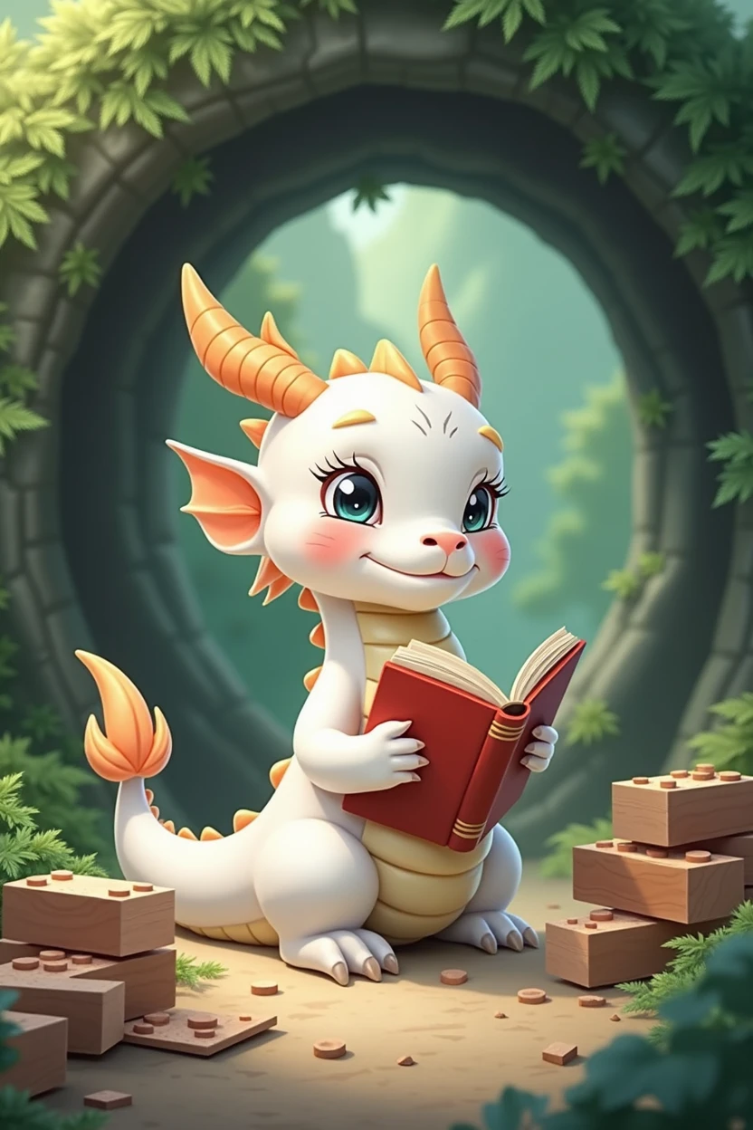 White dragon holding book,cute style,Chinese style,Background forest,cover cave,The building is half covered,Building materials spilled,Background building materials on the ground,Lots of them