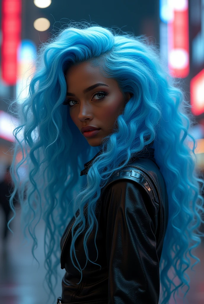 A black woman with long, curly light blue hair, her hair is very long. Her eyes are silver and bright. She wears futuristic clothes and the setting is cyber punk.