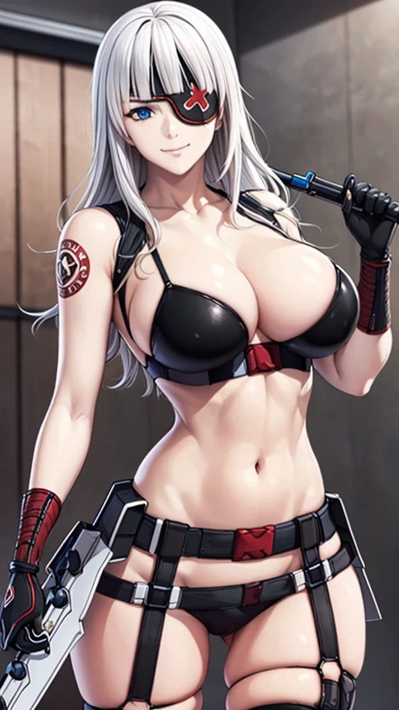 kana with long white hair and black red eyepatch outfit gloves, tattoo, holding big blades, blue eyes, beautiful eyes, beautiful girl, high detail skin, high detail eyes, high detail hair, highres, ultra detailed, detailed pores, imperfect skin, detailed reflective shiny skin, diffused skin pores,sharpen picture, Highly detailed, masterpiece, best quality, smiling, ((liking))