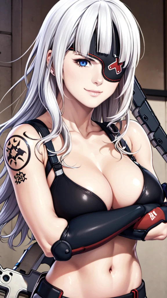 kana with long white hair and black red eyepatch outfit gloves, tattoo, holding big blades, blue eyes, beautiful eyes, beautiful girl, high detail skin, high detail eyes, high detail hair, highres, ultra detailed, detailed pores, imperfect skin, detailed reflective shiny skin, diffused skin pores,sharpen picture, Highly detailed, masterpiece, best quality, smiling, ((liking))