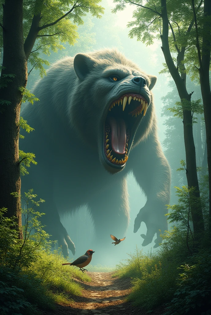 The forest is silent, except for the chirping of birds. Suddenly, a loud roar echoes through the trees