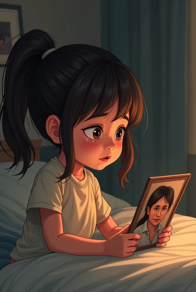 Anak kecil rambut kuncir nangis melihat foto ibu dan ayah di kamar tidur