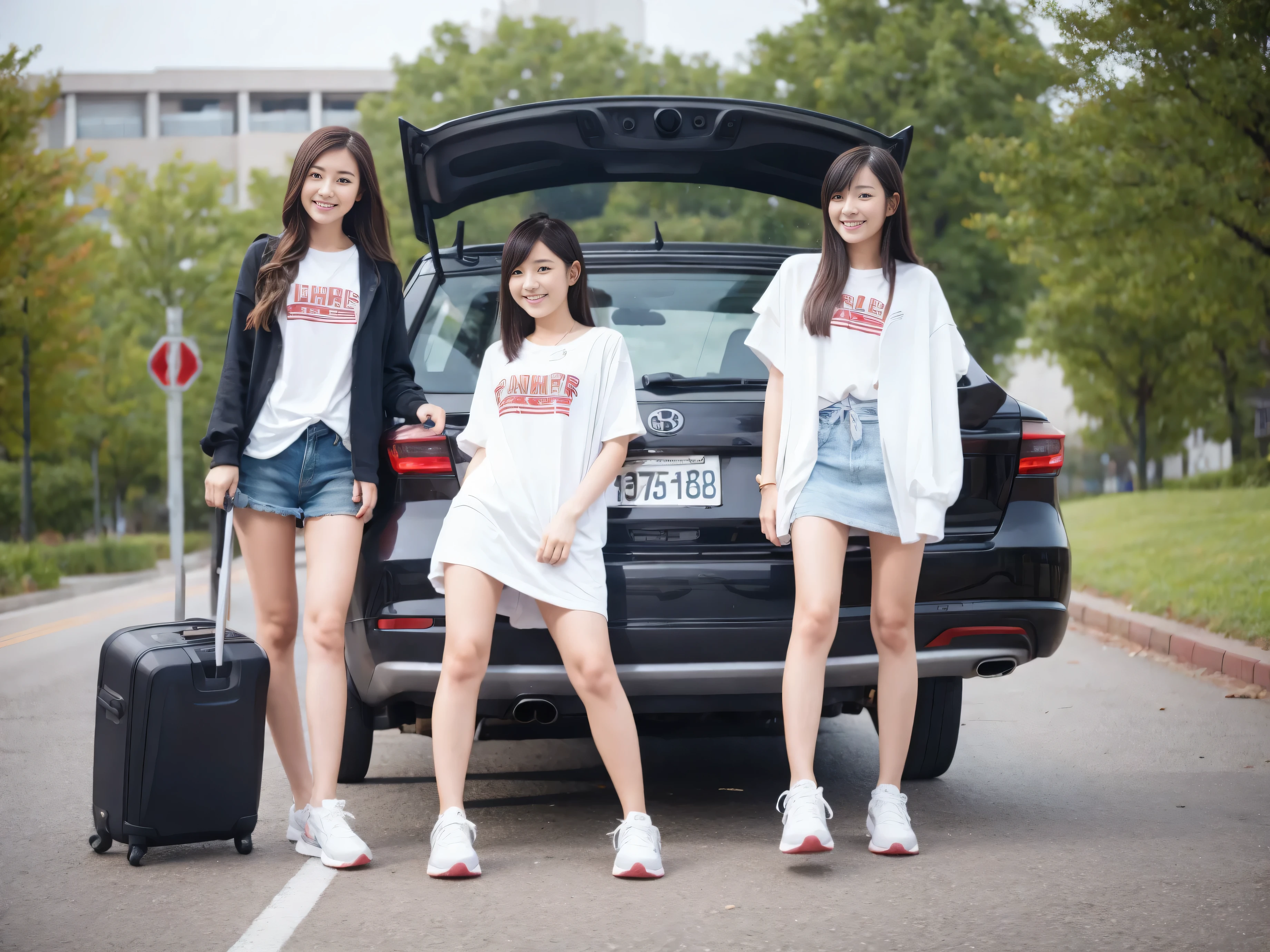 2 Chinese female college students，Wear casual clothing，sports shoes，Backpack and luggage，Open the car door on the road