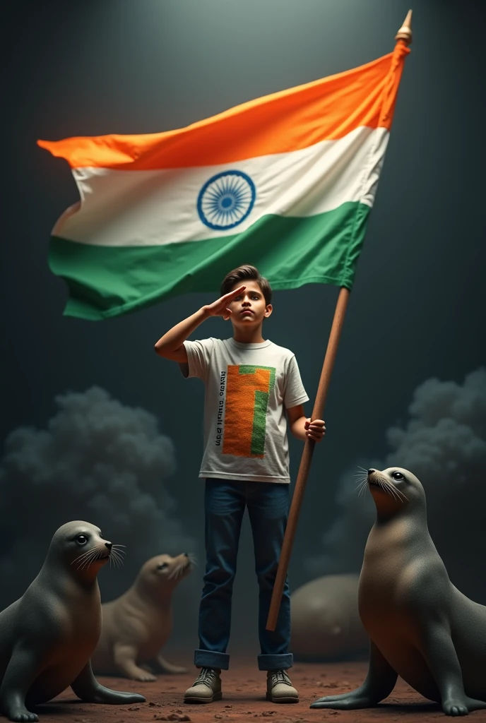 A 15 year old boy named SARVESH stands wearing an army T-shirt with his name on it, holding the Indian flag. In the background, there’s a large Indian flag with ‘Happy Independence Day 15 August’ written. He is saluting with seals and smoke in a dark background. Create a 3D realistic high-quality photo.