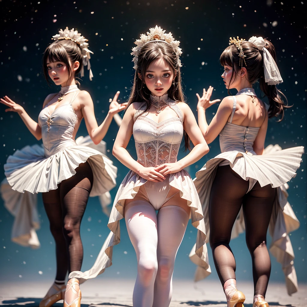SFW, ExtremelyDetailed (((Kawaii Ballet Girls Group in a row:1.37))), Childish perfect face, Reflective Eyes, Detailed(Delicate Clothing textures), corrected hand, Dynamic Joyful Expressions LifeLike Rendering, (Specular Reflection:0.2), TopQuality 8K Ultra-detailed masterpiece (ProfessionalPhoto:1.37), (Acutance:0.8), (Luminism:1.28), ( Colorful Light particles:0.75), (Muscle:-0.5), facing away (from side ) (Clearly visible Beautiful hip shape)