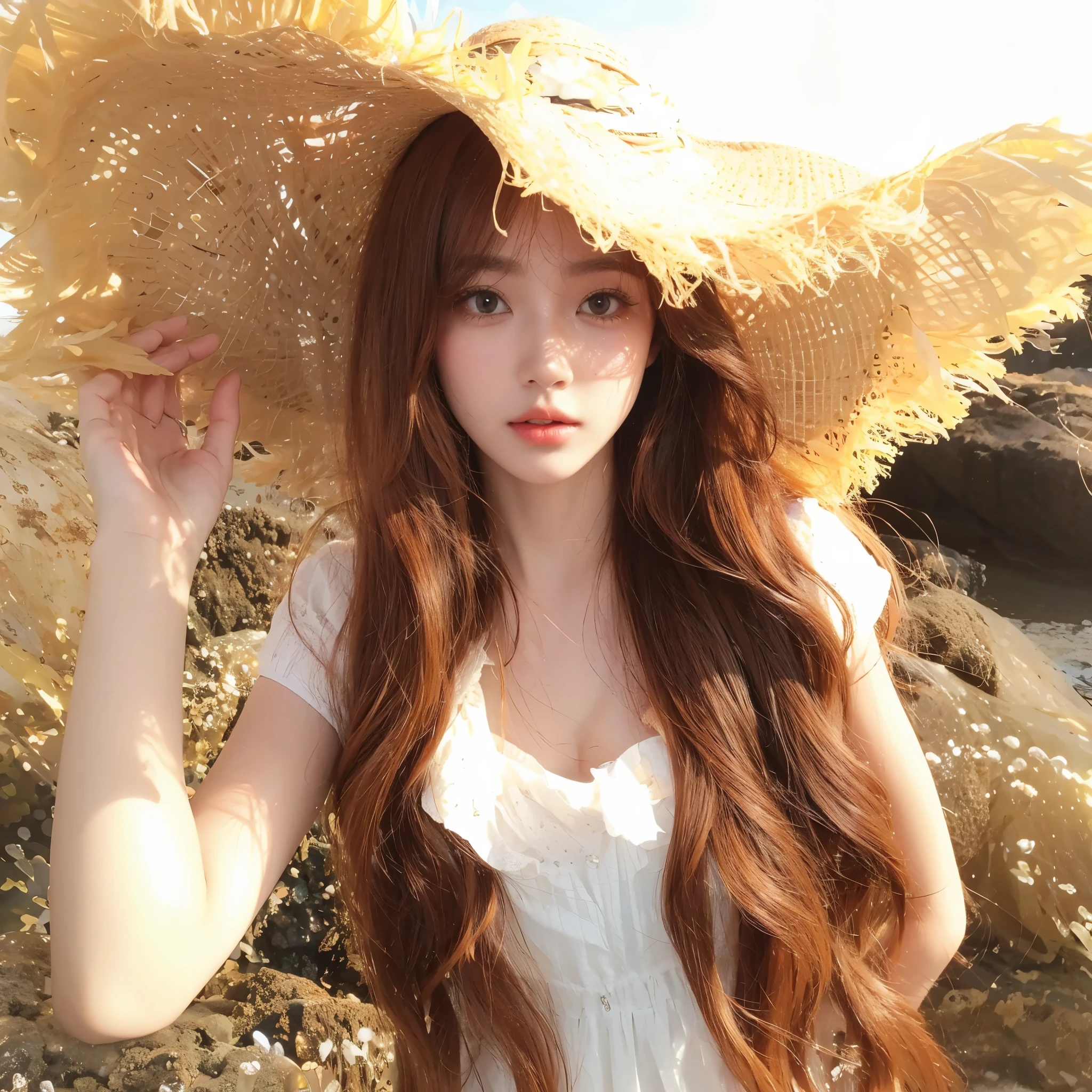Orange long curly hair,The background of the characters is coordinated and beautiful,Background is seaside reef