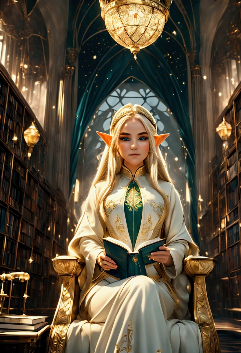 (((masterpiece, of the highest quality, High Definition, High detail)))), One, ((fancy)))), (elf woman)))), (short white skirt with gold embroidery), (long straight blonde hair), (bright dark green eyes), (green surcoat with gold embroidery), big, (((National Library of the royal capital)), (A large space with many books.)), sit in a chair and read a book , flying light particles