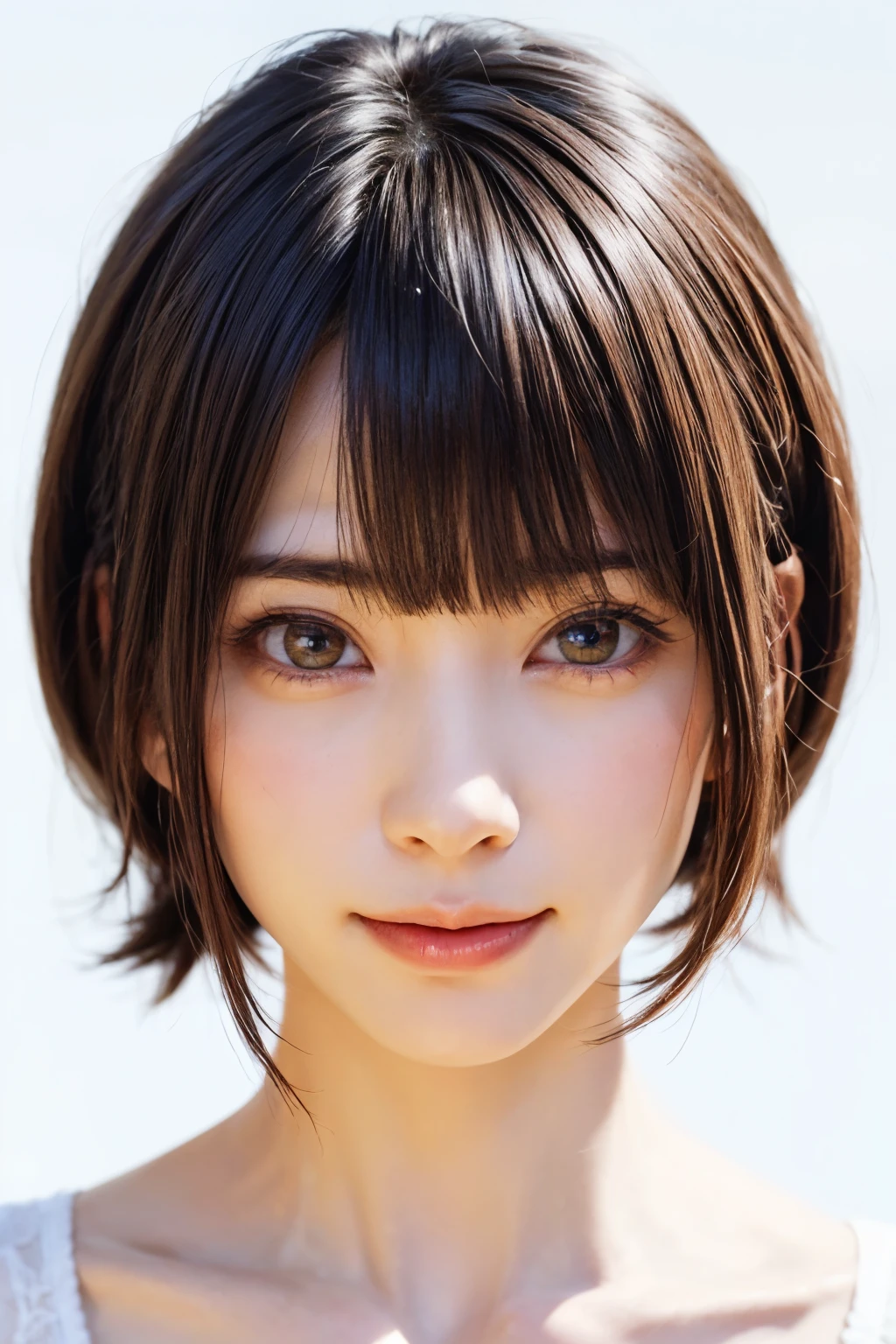 ((masterpiece, Highest quality, High resolution、Realisticですべてが美しく詳細に描かれている)), 1 girl, (Realistic: 1.4), alone, White Background, snow-White Background, Mouth closed, smile, smile, Beautiful black hair, short hair, Big eyes, Transparent double eyelids, eyelash, Listen carefully, Long neck, 美しくLong neck, Absolute area, ((Face close-up)), (Draw the whole head, shoulder), 19 years old, Attractive proportions, Glowing Skin, Beautiful clavicle, Golden ratio face, Perfect Face, Teardrop-shaped mole, chestのほくろ, bangs, clean bangs, beautiful bangs, Lip gloss, Thin lips, Fair skin, naked, Big Breasts, {Huge|big|Hugeな|Mega} chest:2, chestの谷間:2,chestの谷間を見せる、Small face, Small face, All the heads are painted, shoulder all drawn, Point slightly above the camera