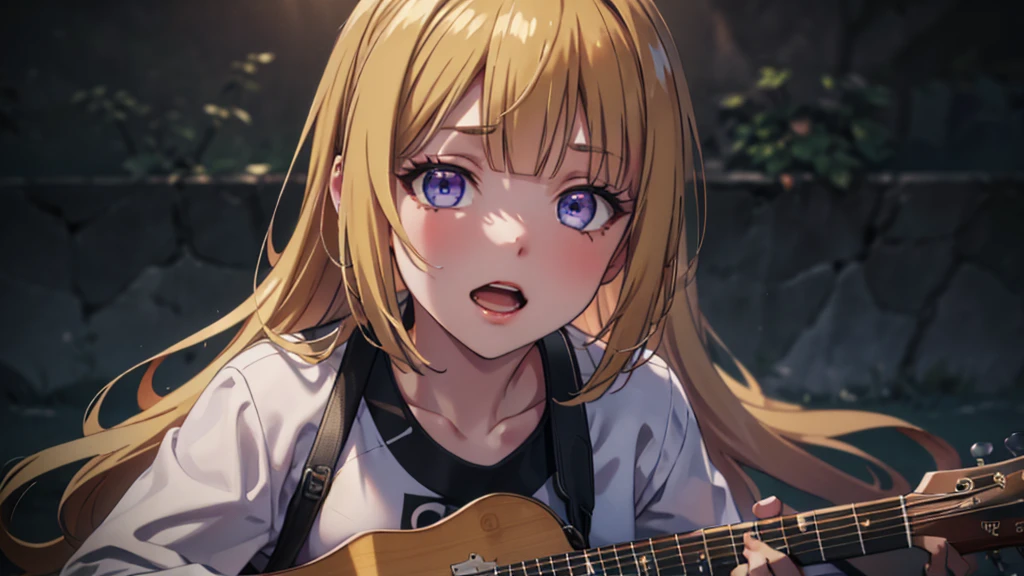 (masterpiece, best quality, absurdres), high quality, highres, ultra detailed, intricate, cinematic lighting, wallpaper, soft lighting, full shot, looking at viewer, full body, parted lips, 1 girl, kei Karuizawa, blonde hair, bangs, long ponytail , detailed violet eyes, ((Super Realistic Detailed Eyes, glowing eyes)), 20yo,beautiful face, sharp focus, singing karaoke, singing, open mouth, spotlight lightning, good mood, mic stand, stage, stage vibes, concert, playing guitar, guitar 