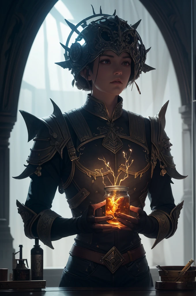 role-playing game (RPG) style fantasy a human brain growing in a glass jar in a workshop,jar full of a dull transluscent liquid,realistic natural brain,lid on jar,volumetric lighting and mist effects to enhance the mystical atmosphere,lightning in jar,stunningly beautiful,crisp,detailed,ultramodern,high contrast,cinematic,. detailed,vibrant,immersive,reminiscent of high fantasy RPG games,