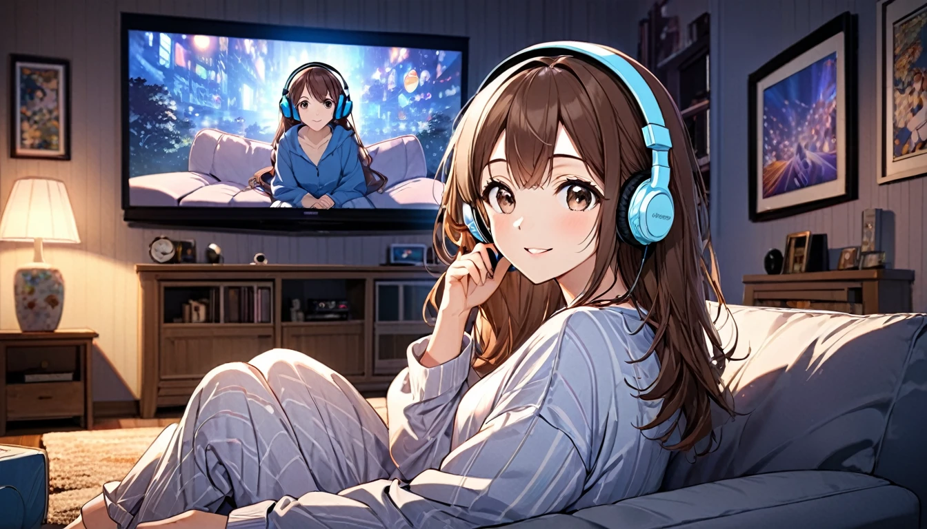 (Brown-haired girl wearing headphones), (Watching movies at home), (Very detailed, masterpiece, Highest quality, bright), (Anime Style)
background: Cozy living room look: Concentrating on the movie, looking happy, costume: Casual pajama pose: Sitting on the sofa、Relaxing scene with remote control: A movie scene projected in a dimly lit room