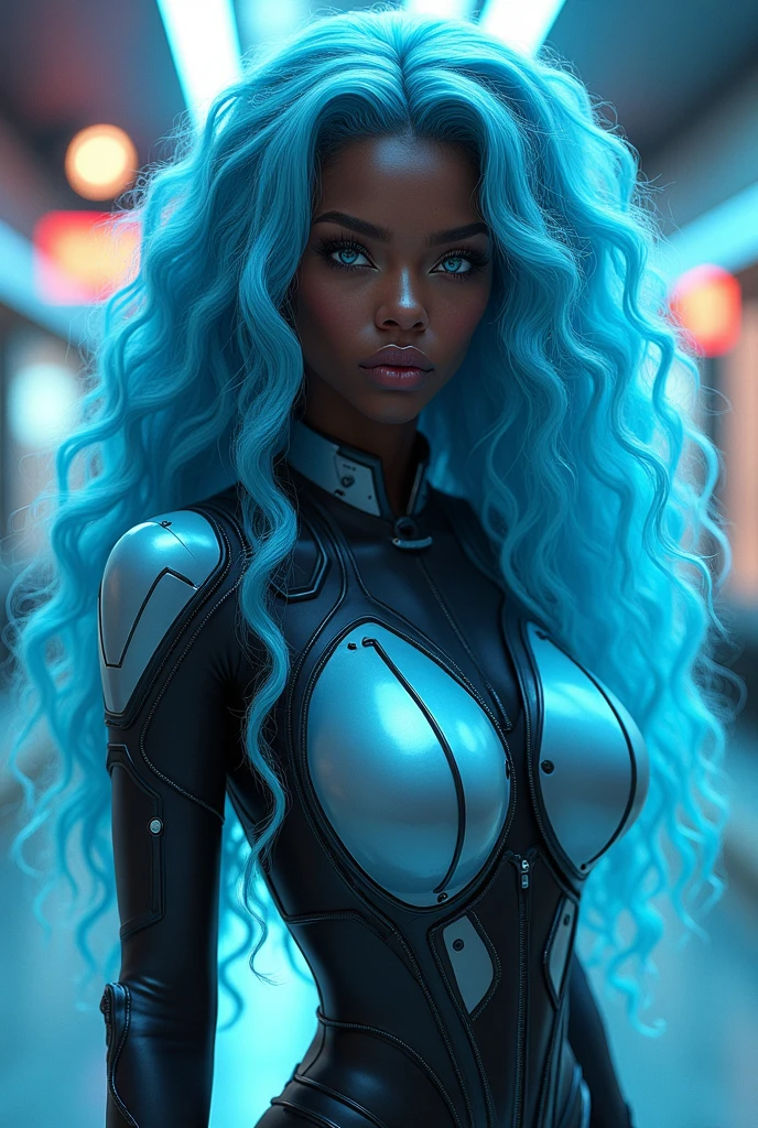 A black woman with long, curly light blue hair, her hair is very long. Her eyes are silver and bright. She wears futuristic clothes and the setting is cyber punk.