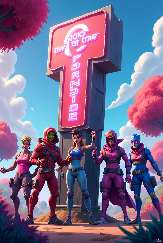 Fortnite characters holding a giant Fortnite sign 

