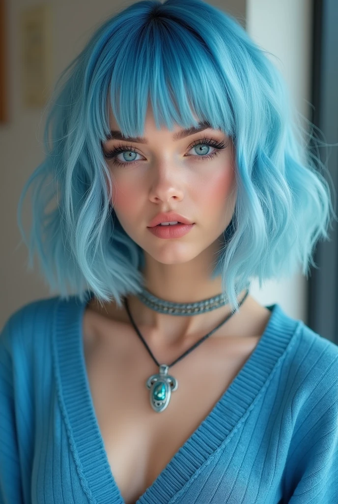 (Best quality, 8k, 32k, Masterpiece, UHD:1.2),Photo of Pretty 18 teen american woman, large breasts, very short bob hair,upper body,face focus,(oversized_sweater,:1.1) necklace, background, looking at viewer, leaning forward, (((blue hair with sliver bangs))), (((vibrant light blue eyes))) (((award winning detail)) ((avatar makeup and popstar clothes)))