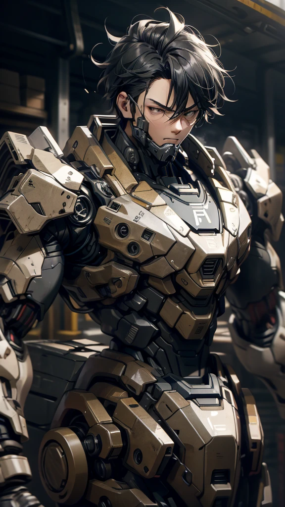 silence，Looking at the items in the warehouse，Warehouse full of supplies，It's dark all around，End of the World，an adult male，youth，Black short hair，look around，Wearing a sophisticated dark gray mecha armor suit，The armor suit has huge and thick limbs，Only the male youth’s hair and face are exposed，Upper body close-up