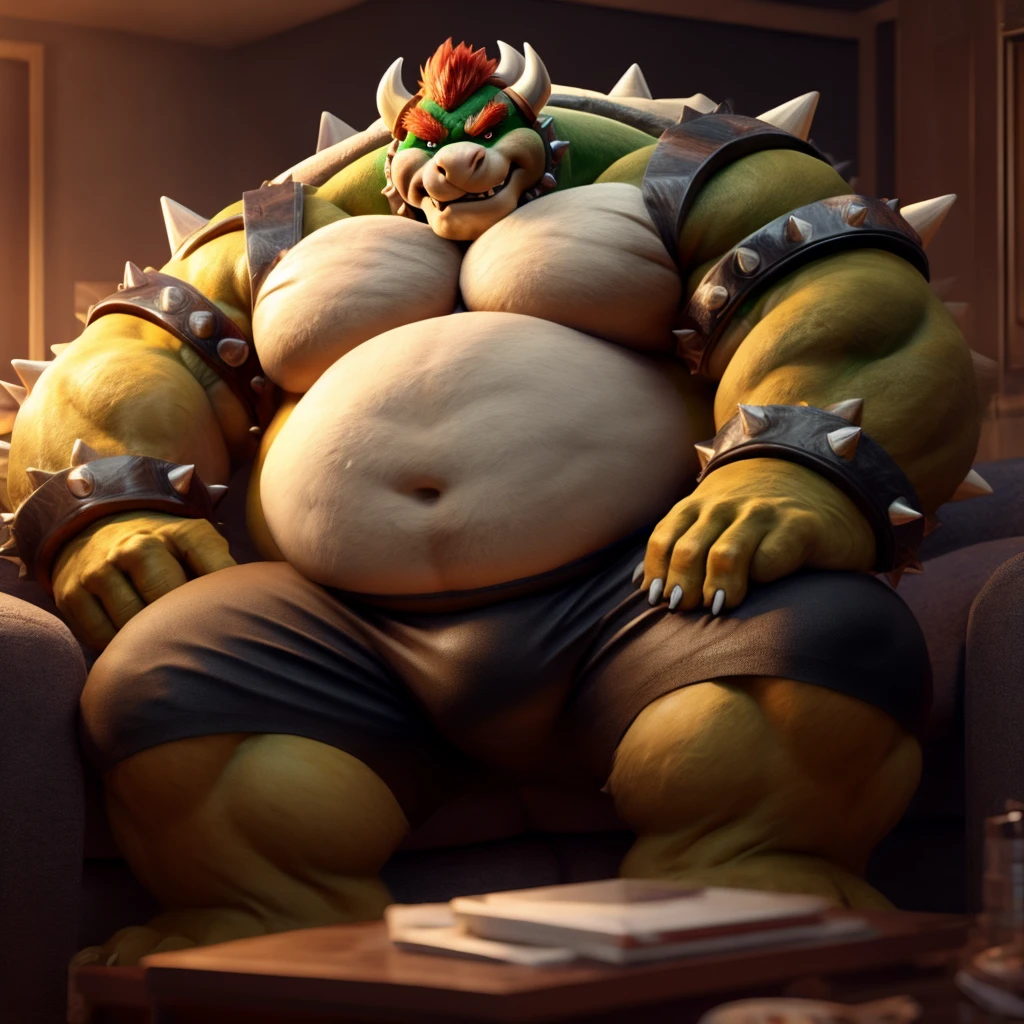 Fat Huge Daddy Furry Bowser Bigger belly and large chunky body and Belly wearing Black Shorts and sitting on the sofa and his belly is huge and furry 