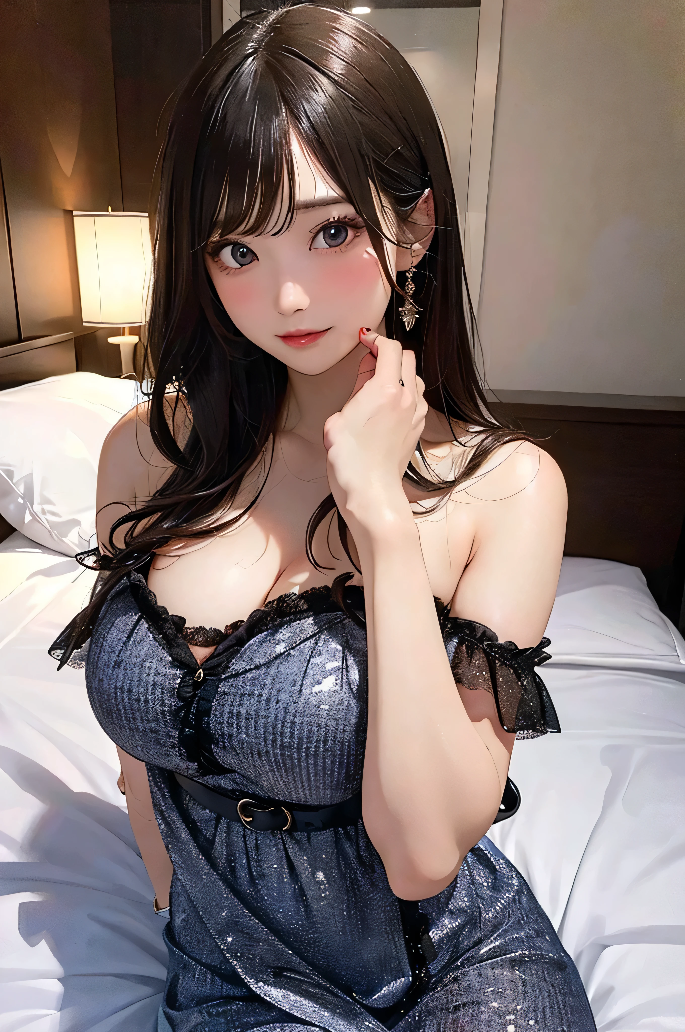 Hd, the highest quality  Real Image, with interested detail, Super Detail, Ultra high Resolution, depth field,Master peace,One girl, Very beautiful  girl, Innocent big eyes,detail eyes,(Red Eyes:1.0),(Black Hair, SHORT hair),(bangs), Perfect shiny skin, flow les skin, Fair Skin,fine skin,massive breast, ((Erotis、A sexy, sexual expression))((bright Lighting、Precise hands without comfort)), ((cleavage breast es)),  (a Pretty:1.2), narrow, light blush, watch the viewer, light smile, chubby under clothes, Sitting, Spreading Legs, not a single piece of clothing 