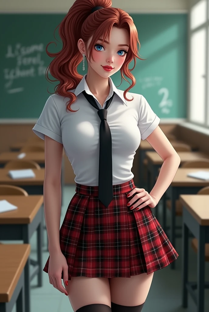 1 girl, 20 years, by rubio, by the wide, beautiful hairstyle,blue eyes, bright Eyes, striped eyes, Red lipstick, smile, Beautiful, sexy, thick, big breasts, Nipples, thick legs, (white school shirt :1.2), (plaid skirt :1.3), black tie, black thigh high stockings,Ponytail hairstyle, earrings, collar, wifes, Red nails, modern high heels, very tight dress, buttocks, very big ass, Thin waist, Wide hips, looking to the camera, standing, at school, classroom,Whole body, open legs, Extremely open legs showing vagina