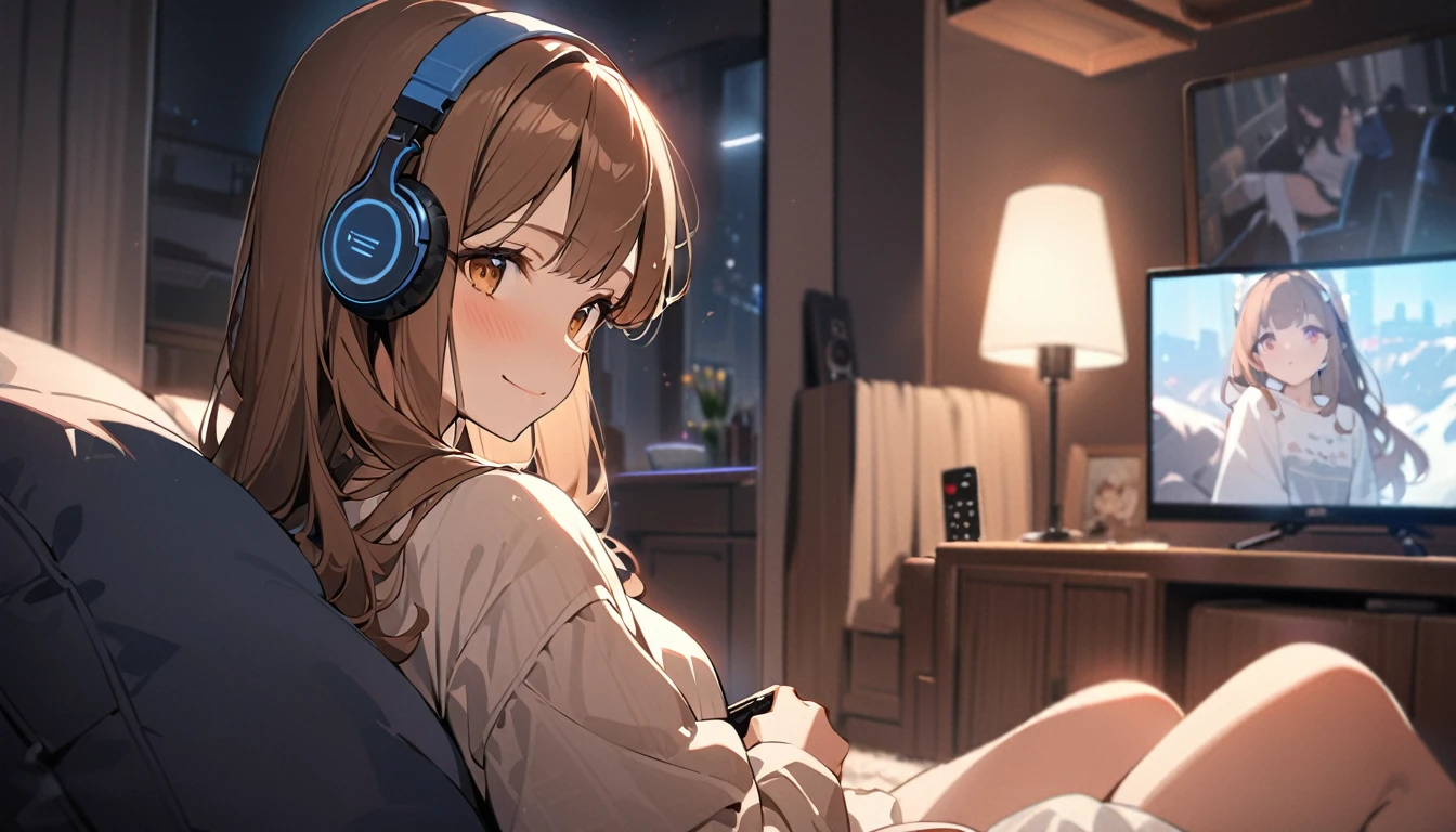 (Brown-haired girl wearing headphones), (Watching movies at home), (Very detailed, masterpiece, Highest quality, bright), (Anime Style)
background: Cozy living room look: Concentrating on the movie, looking happy, costume: Casual pajama pose: Sitting on the sofa、Relaxing scene with remote control: A movie scene projected in a dimly lit room
