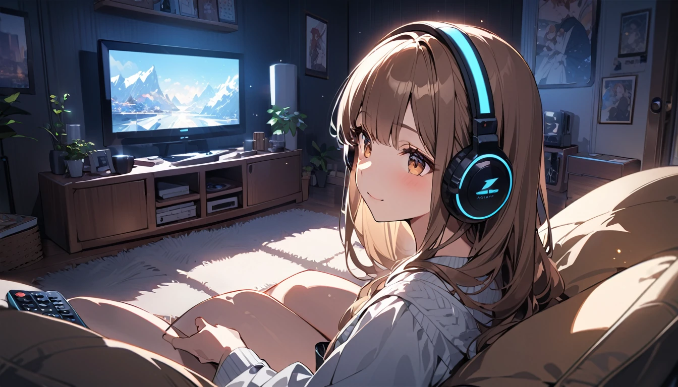(Brown-haired girl wearing headphones), (Watching movies at home), (Very detailed, masterpiece, Highest quality, bright), (Anime Style)
background: Cozy living room look: Concentrating on the movie, looking happy, costume: Casual pajama pose: Sitting on the sofa、Relaxing scene with remote control: A movie scene projected in a dimly lit room