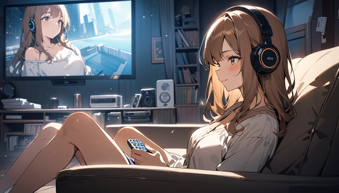 (Brown-haired girl wearing headphones), (Watching movies at home), (Very detailed, masterpiece, Highest quality, bright), (Anime Style)
background: Cozy living room look: Concentrating on the movie, looking happy, costume: Casual pajama pose: Sitting on the sofa、Relaxing scene with remote control: A movie scene projected in a dimly lit room
