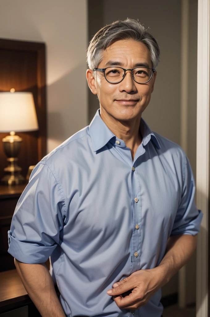 (studio lighting),(best qualtiy,high resolution:1.4),(Photorealistic,raw photo:1.2),(solo:1.2),(male:1.5),(asian:1.5),middle-aged man,(front view:1.3),(dark brown eyes:1.3),light smile,(handsome:1.3),modeled,((58 years old:1.5)),((gray hair:1.3)),(short hair:1.2),(dress shirt),(in the room, in a luxury hotel),(wearing glasses)