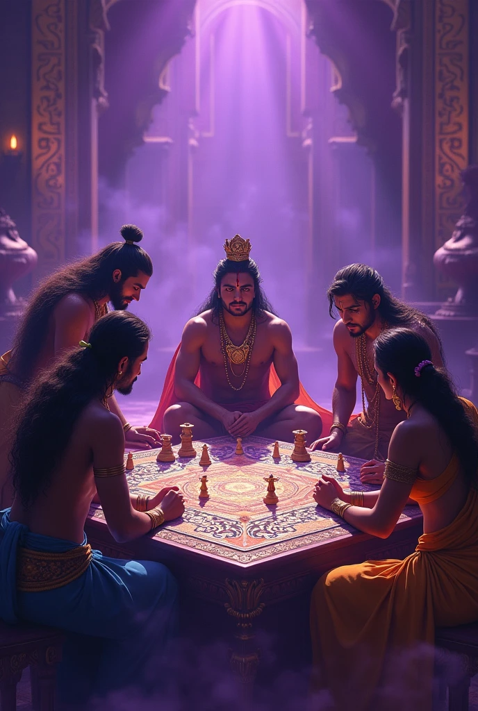 The atmosphere is fully purple and the seen is Mahabharata.. all characters the lord krishna pandav and duryodhan , shakuni is fighting and they play chopat