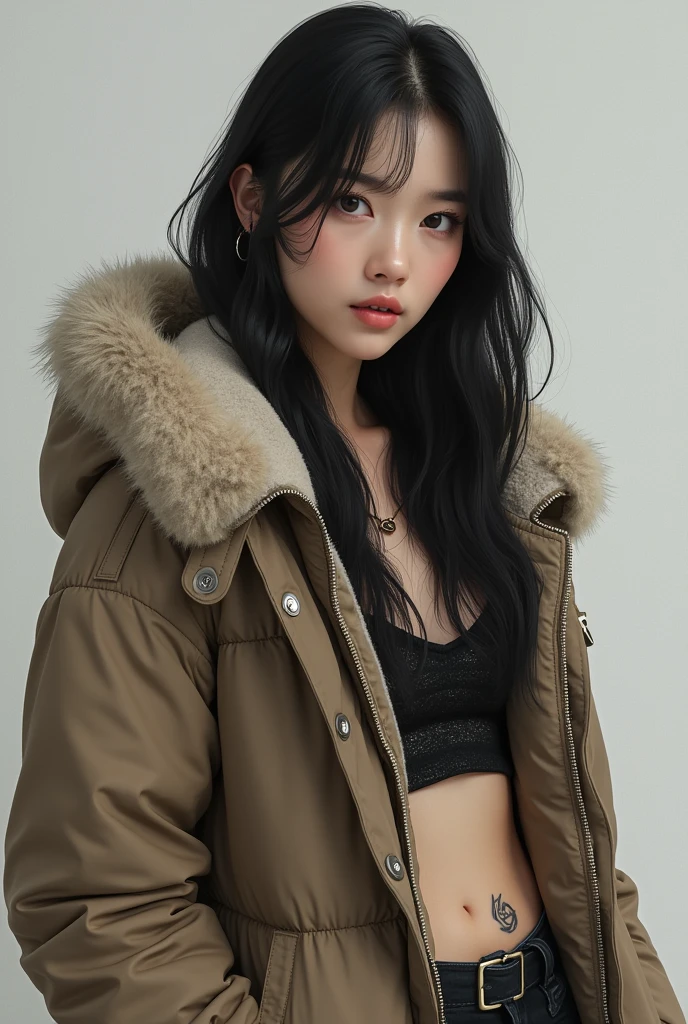 long hair, realistic person, tatoo, winter clothing, make-up, KOREAN