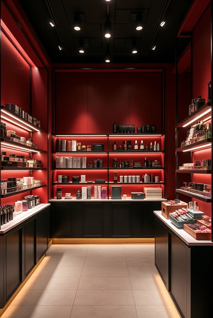 I want to create a store that sells skincare and makeup products, but not vintage glamour style, Rococo, in dark red colors, black and gold