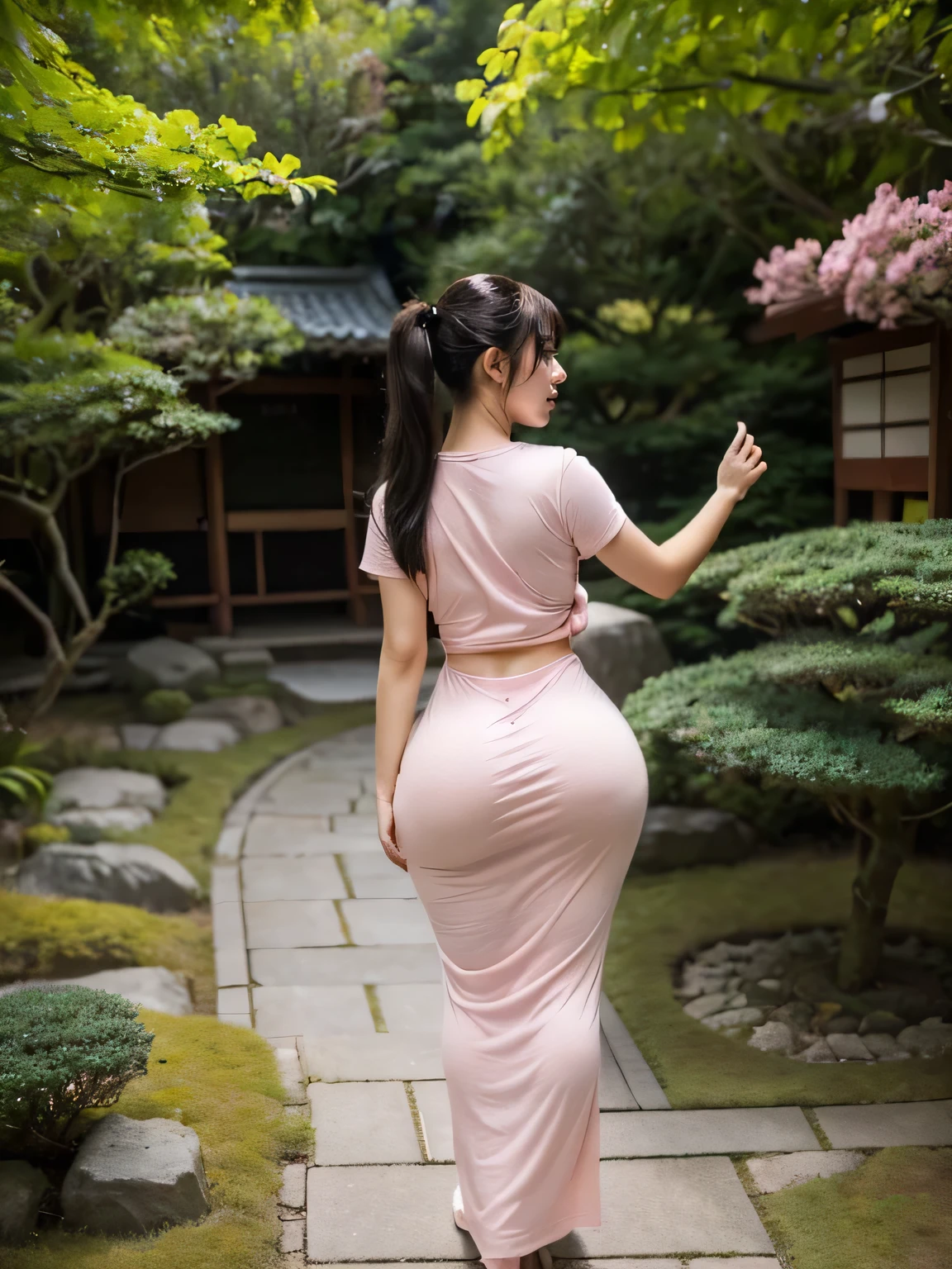 (back view, Turn your ass towards the camera, Point your butt at the camera: 1.3), (Light pink maxi length t-shirt: 1.3), (soft cotton: 1.3), (full body shot), 1 girl, (twintails), (short stature), (round butt), black hair, With bangs, cinematic lighting, First Person View,  F/1.8, 135mm, masterpiece, textured skin, super detail, high detail, high quality, Awards, best quality, high resolution, 8K, japanese girl, in a japanese garden