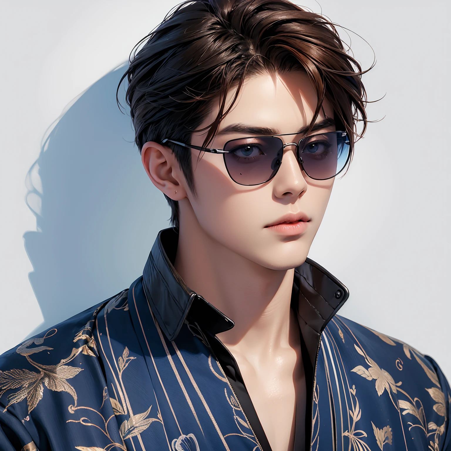 One man　Japanese men　No background　Fashionable clothes　Detailed face and skin　An illustration　Visible blue sunglasses　Brown Hair