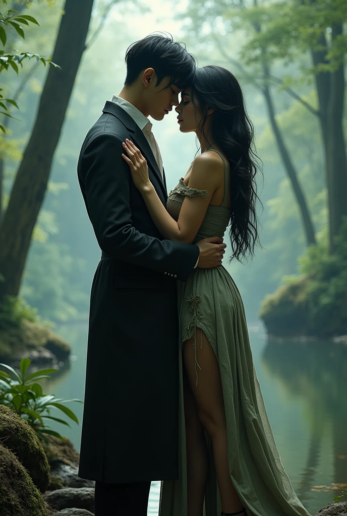 Make an Asian woman, but don't show her face, She has long black wavy hair and her hair is disheveled, She is a savage and that is why her clothes are torn and worn out and dirty. next to her, Make BTS Singer Jeon Jungkook Dressed as a Prince, with the typical princely attire of an elegant and modern prince. The two are hugging on an island in the middle of the forest.. don't show their face