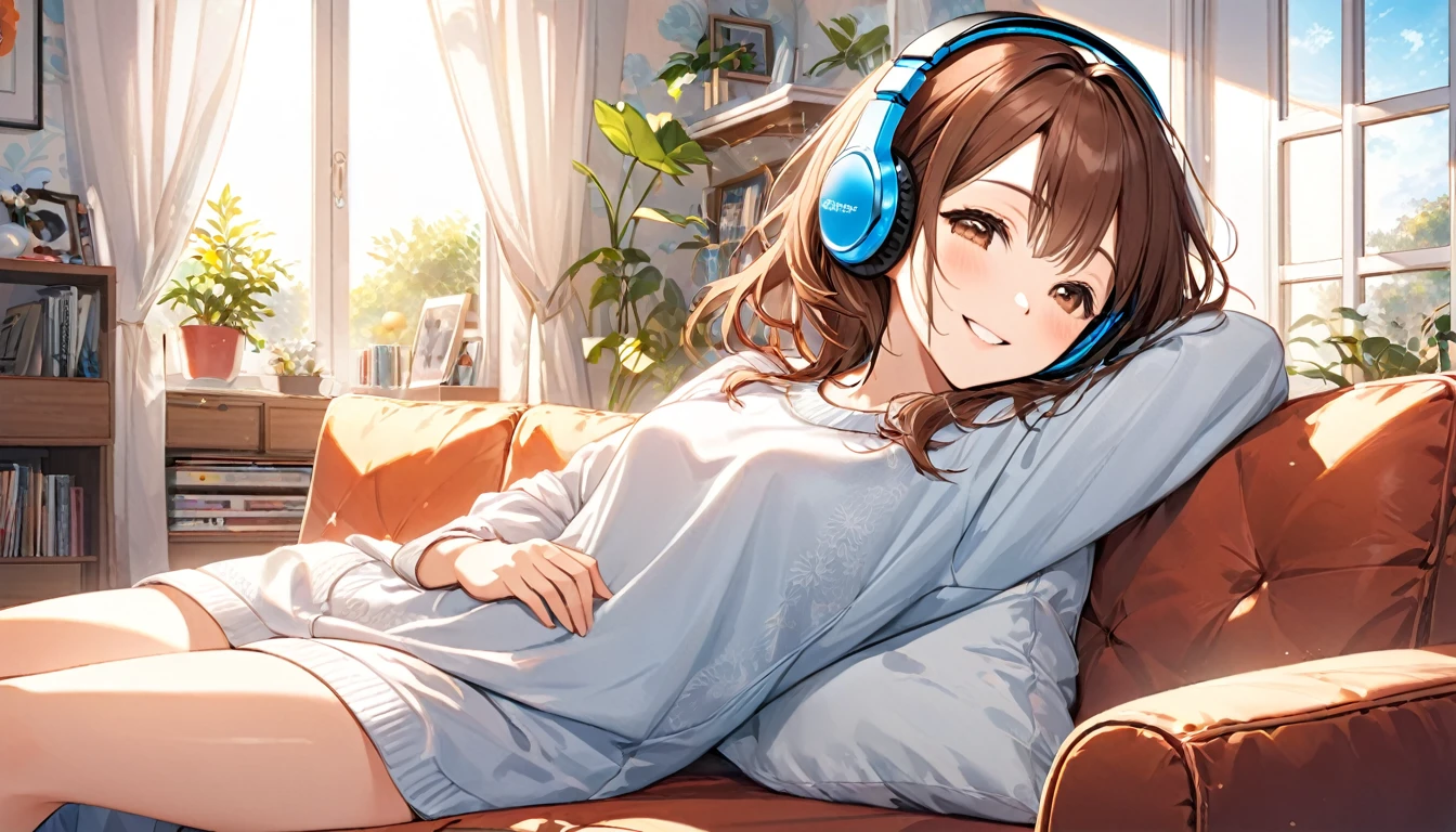 (Brown-haired girl wearing headphones), (Listening to music in the living room), (Very detailed, masterpiece, Highest quality, bright), (Anime Style)
background: brightリビングルーム
表情: Happy smiling costume: Casual home wear pose: A scene of people lying on the sofa and enjoying music: The afternoon sunlight streaming in through the window、Relaxing music