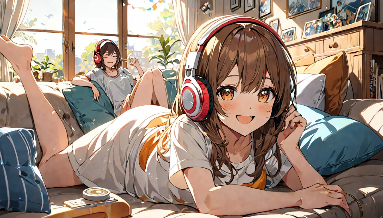 (Brown-haired girl wearing headphones), (Listening to music in the living room), (Very detailed, masterpiece, Highest quality, bright), (Anime Style)
background: brightリビングルーム
表情: Happy smiling costume: Casual home wear pose: A scene of people lying on the sofa and enjoying music: The afternoon sunlight streaming in through the window、Relaxing music
