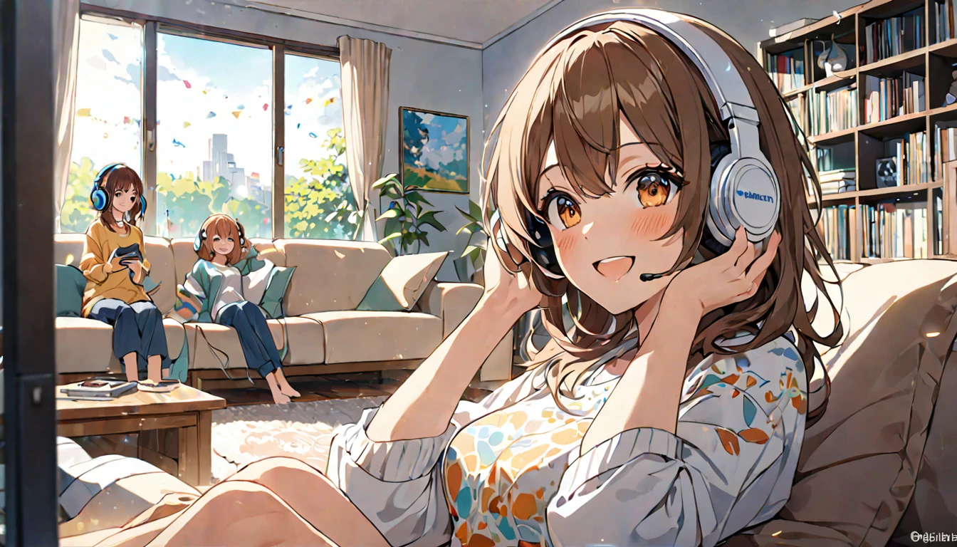 (Brown haired woman wearing headphones), (Relaxing while listening to background music in your living room), (Very detailed, masterpiece, Highest quality, bright), (Anime Style)
background: ゆったりとしたSunday Afternoon
表情: Gentle smile costume: Casual clothing pose: Sitting on the sofa、Relaxing with legs crossed: Sunday Afternoon、Relaxing time with cool music