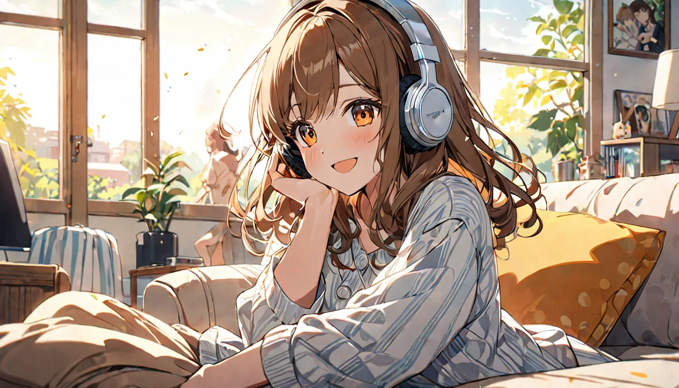 (Brown-haired girl wearing headphones), (Listening to music in the living room), (Very detailed, masterpiece, Highest quality, bright), (Anime Style)
background: brightリビングルーム
表情: Happy smiling costume: Casual home wear pose: A scene of people lying on the sofa and enjoying music: The afternoon sunlight streaming in through the window、Relaxing music