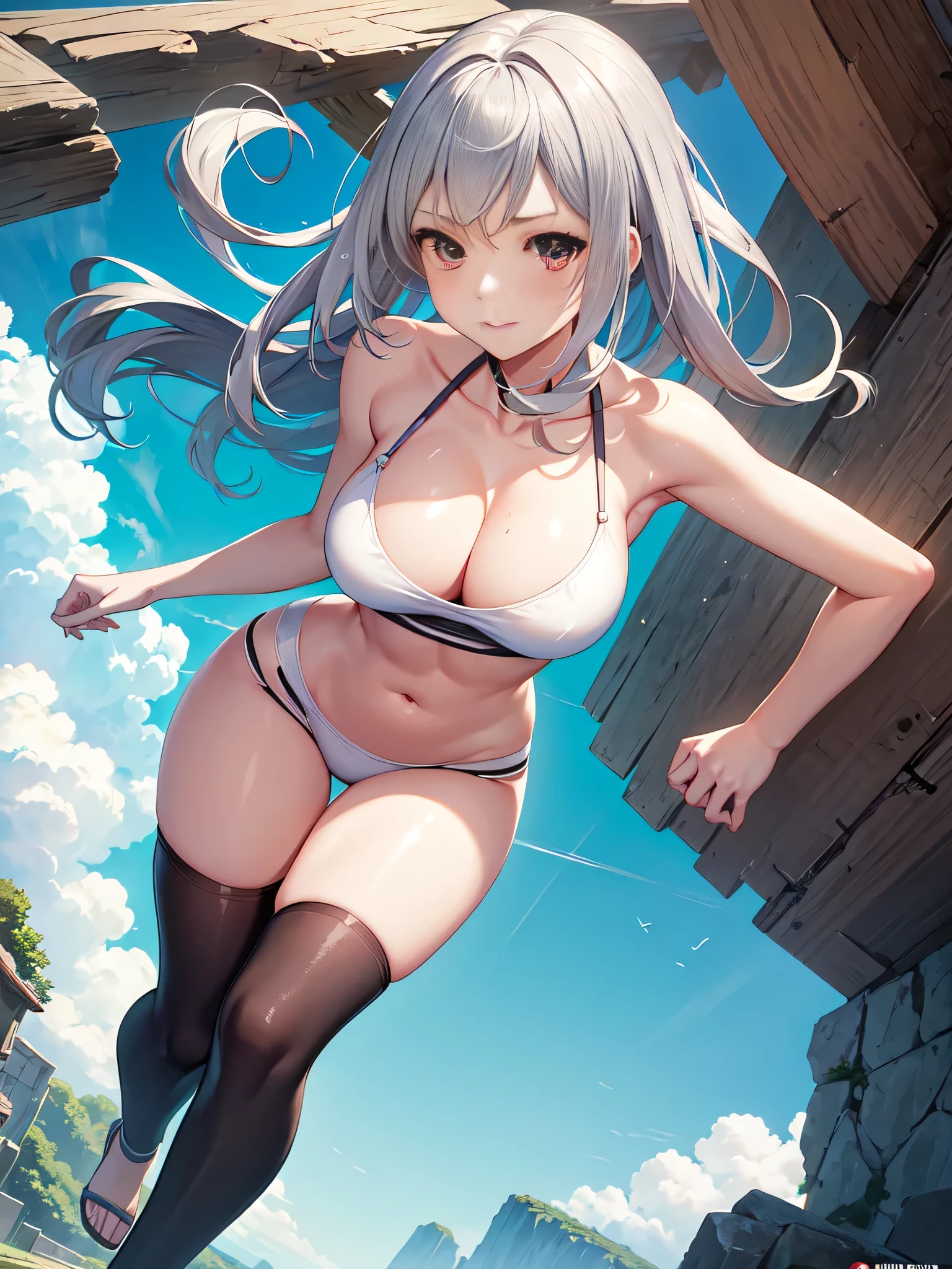 heroine winning a battle in combat, manga style woman, perfect manga, highly detailed, DRONE: full body view from head to toe, perfect body with medium sized rounded firm breasts, similar to Lucy heartphilia, super beautiful woman with practically symmetrical face , manga eyes: 3/4 size, eyes the color of her hair, she is , her clothes are extremely short, tube top extremely short and torn and frayed, medium sized hair, wet silver hair with green tips, pose of victory and happiness, leap of joy, random drone angle.